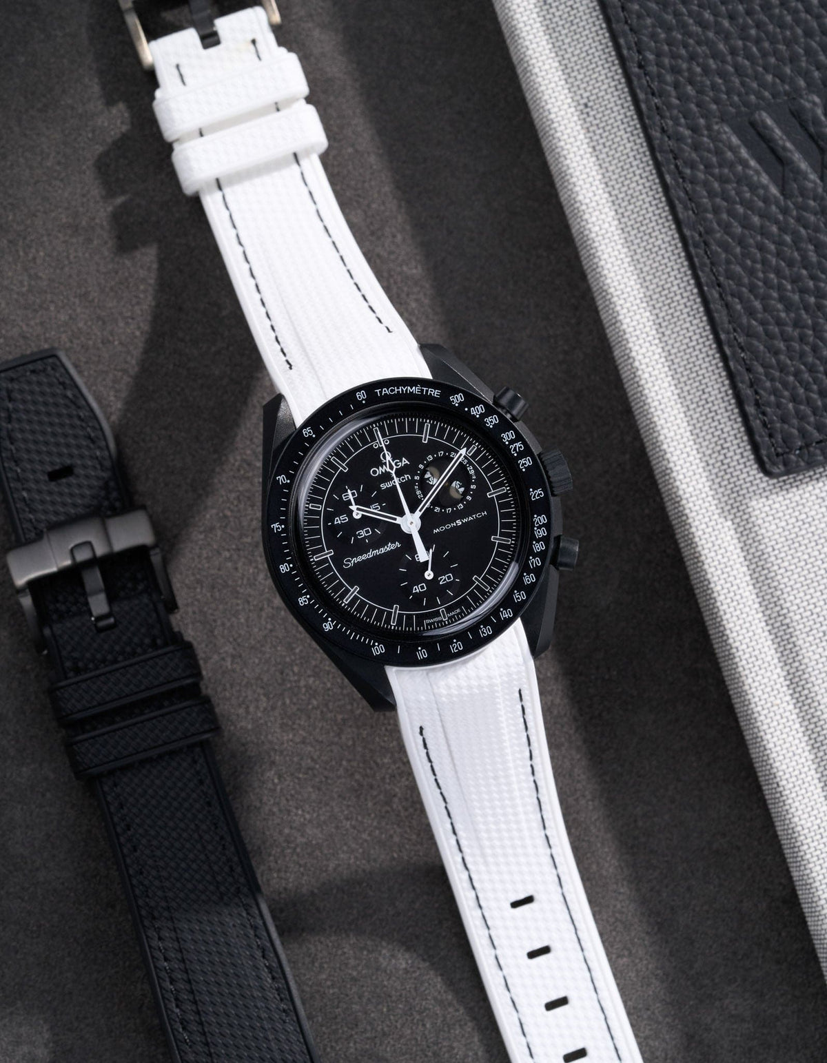 Curved Vertech Rubber Strap - White & Black Stitches - OM Luxury